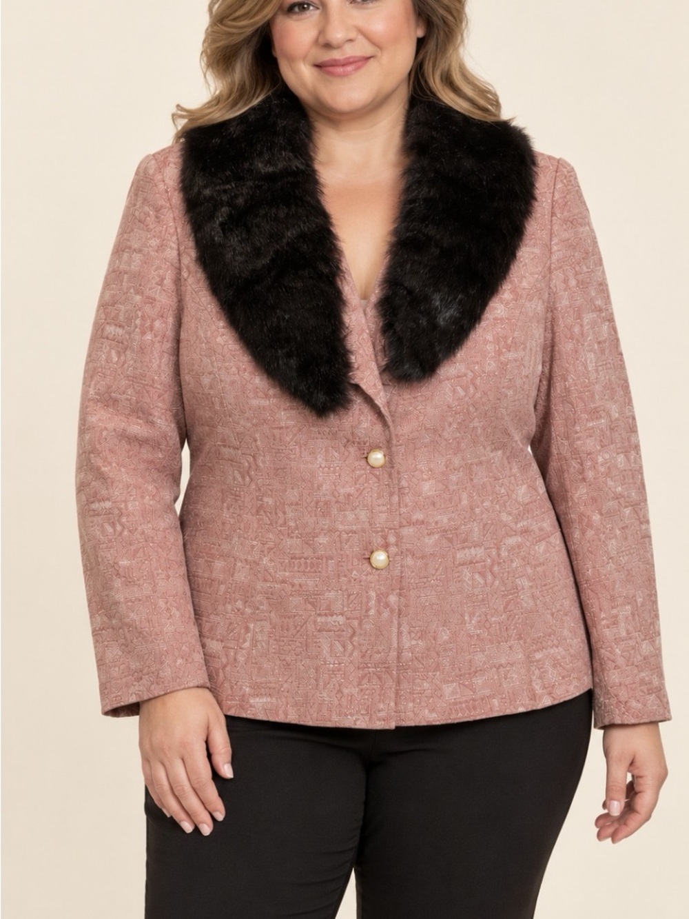 Amanda Smith Blush Pink Textured Blazer with Black Faux Fur Collar